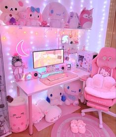 a room filled with pink furniture and lots of stuffed animals on top of the walls