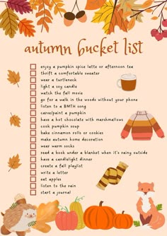 an autumn bucket list with leaves, pumpkins and other things to do in the fall