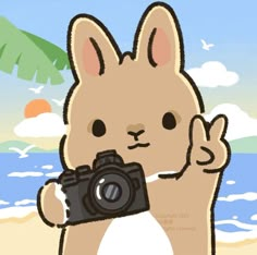 a cartoon bunny holding a camera on the beach