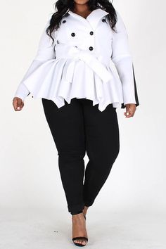 PLUS size hip length, double-breasted, color block pea coat, cinched and flared at the waist w/belt tie. Techno-95% Polyester 5% Spandex Black and White Plus Size White Shirt, Bodycon Tank Dress, Plus Size White, Bodycon Jumpsuit, Belt Tie, Peplum Jacket, Destroyed Jeans, Girls Boutique, Faux Leather Pants