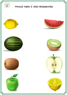 an apple, watermelon, lemon, orange and kiwi are shown in this poster