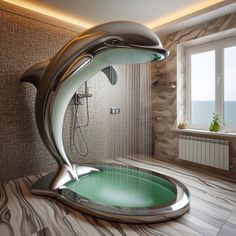 a bathroom with a large shower head in the middle and a glass bowl on the floor