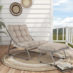 a chair and ottoman sitting on a porch