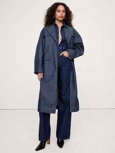 Oversized Denim Trench Coat | Banana Republic Regenerative Farming, Jean Trench Coat, Denim Trench Coat, Night Tops, Classic Trench Coat, Banana Republic Jeans, Pretty Blouses, Flare Trousers, Oversized Silhouette