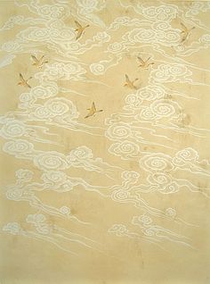 two birds flying in the sky with clouds and water behind them on a piece of parchment paper