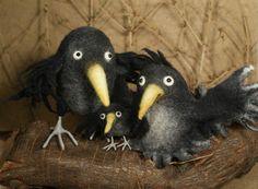 three black birds with yellow beaks sitting on a branch