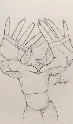 a drawing of a person holding their hands up in the air with both hands together