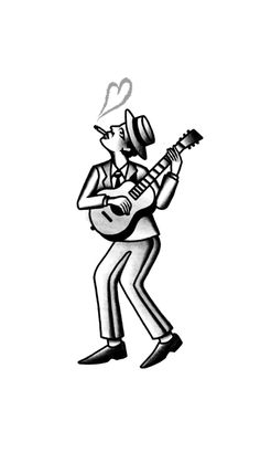 a black and white drawing of a man playing the guitar