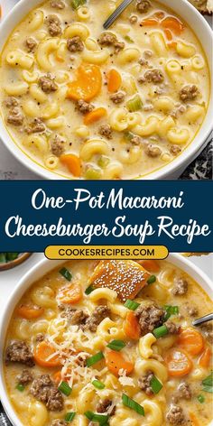 one pot macaroni cheeseburger soup recipe in two bowls