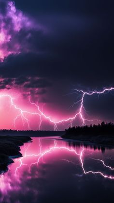 the sky is filled with lightning and it appears to be pink or purple in color