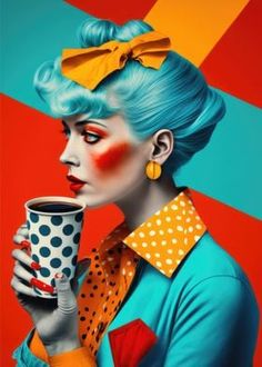 a painting of a woman with blue hair and makeup holding a coffee cup in her hand