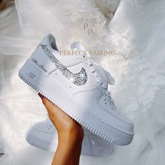 Rhinestone On The Outter Swooshes Name And Date Of Your Special Date Silk Ribbon Laces Doesnt Come With However You Can Buy Here Here Is The Link: Https://Poshmark.Com/Listing/Bridal-Shoes-Silk-Laces-Choose-One-6492247e6149735dffff2dda If You Have Any Questions Feel Free To Message Me On Here Along With You Wedding Date And Name Nike Wedding, Quince Shoes, Wedding Sneakers For Bride, Wedding Bride Shoes, Bride Sneakers, Wedding Shoes Sneakers, Personalized Sneakers, Reception Shoes, Custom Wedding Shoes