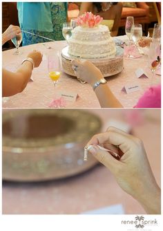 two pictures of people at a table with a cake and wine glasses on the table