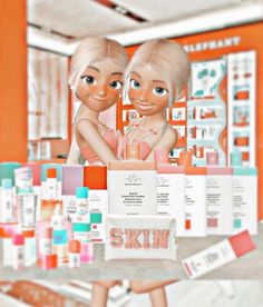 two girls are standing in front of some skin care products