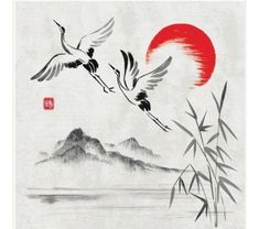 Crane Drawing, Japanese Bird, Art Chinois, Japanese Watercolor, Chinese Brush Painting, Asian Painting, Art Japonais, Japanese Painting, Sumi E