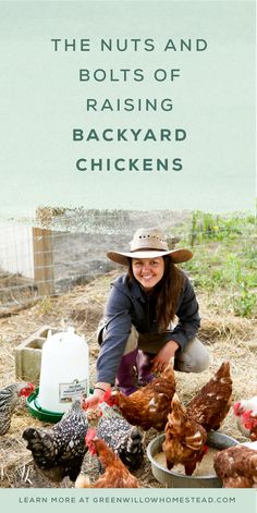 a woman kneeling down in front of chickens