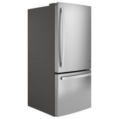 a silver refrigerator freezer sitting next to a white wall