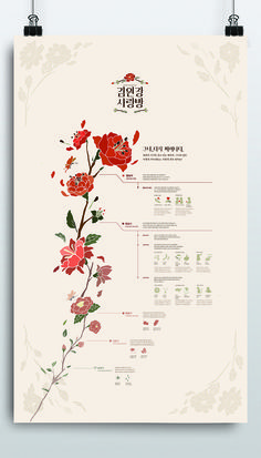 a poster with red flowers on it and the words in english are written below them