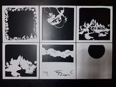 four black and white paper cut outs with images of animals, plants, and trees