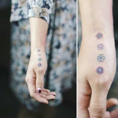 two pictures of different tattoos on one hand and the other with small flowers on it