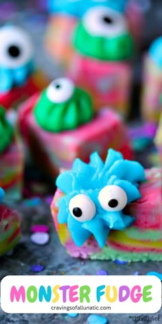 Colorful swirled pieces of fudge topped with colorful icing and edible googly eyes on a grey counter. Monster Fudge, Thanksgiving Classics, Easy Microwave Fudge, Diy Halloween Food, Most Pinned Recipes, Microwave Fudge, Oh Fudge