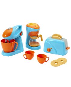 a toy kitchen set with orange and blue dishes, coffee pot, toaster and cups