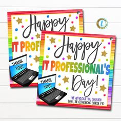 two happy it professional's day cards with laptops and stars in the background