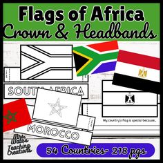 the flags of africa, crown and headbands are shown in this printable poster