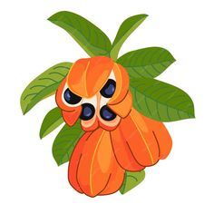 an orange flower with black eyes on it's face and green leaves around it