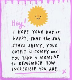 a pink and white card with an illustration of a smiling sun on it's side