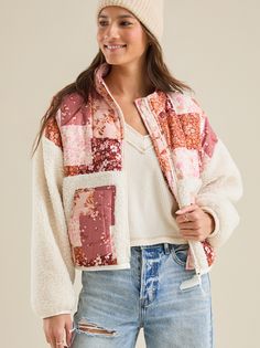 The Sophia Sherpa Patchwork Jacket combines cozy sherpa fabric with a bold patchwork design, offering both warmth and style in one eye-catching zip-up piece, perfect for adding a touch of effortless chic to any cool-weather look. Casual Winter Outerwear With Floral Patchwork, Casual Floral Patchwork Outerwear For Winter, Multicolor Quilted Jacket For Fall, Winter Floral Patchwork Long Sleeve Outerwear, Fall Multicolor Floral Patchwork Outerwear, Long Sleeve Floral Patchwork Outerwear For Winter, Cold Weather Patchwork Fleece Jacket, Cute Jackets For Women, Sherpa Jacket Outfit