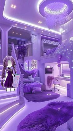 the interior of a bedroom decorated in purple and white with lots of lights on the ceiling