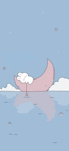 an umbrella floating in the water with clouds and stars on it's back end