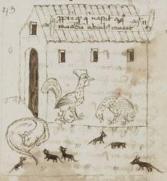 an old drawing of chickens and roosters in front of a house with a dog