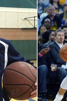 two photos of men playing basketball in front of an audience, one is holding a ball