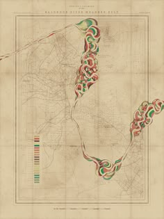 an old map shows the location of several rivers and roads in different colors, with lines drawn