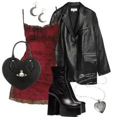 #rockstar #rockstargf #rockstargfaesthetic #rockstargfoutfit #rockstargfoutfitinspo #outfit #ootd #fit #aesthetic #outfitinspo Swaggy Outfits, Goth Outfits, Red Outfit, Black Leather Jacket, Rock Star, Descendants, Lookbook Outfits, Dream Clothes