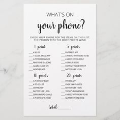 what's on your phone? game card with the words, which are written in black