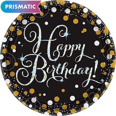 a black and gold happy birthday plate with confetti