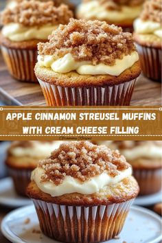 some cupcakes with cream cheese filling and cinnamon streusel muffins