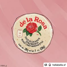 the label for de la rose is shown on a pink background with a red rose