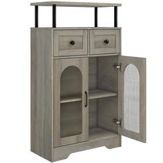 an open cabinet with two doors and shelves