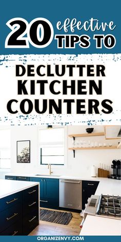 A clean, modern kitchen with uncluttered and organized countertops and open shelves. Organized Kitchen Counters, Organize Kitchen, Kitchen Counter Organization, Kitchen Storage Ideas, Declutter And Organize, Organized Kitchen