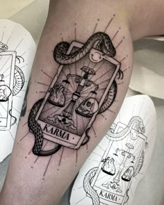 not actually this exact thing but the card concept is cool | tattoo ideas by  Candice Bohn Tattoo Karma, Karma Tattoo, Tarot Tattoo, Tarot Card Tattoo, Card Tattoo Designs, Muster Tattoos, Tatuaje A Color, 3d Tattoos, Tattoo Style Drawings