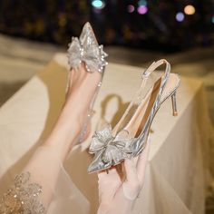 Upper Material: GREATCategory: Baotou Slingback SandalsToe Shape: Pointed ToeStyle: Europe and AmericaSole material: RubberLining Material: PUWearing Style: Buckle High Heels For Bride, Heels For Bride, Gold Bridal Shoes, Silver Bridal Shoes, Crystal High Heels, Heels Bow, Bride Heels, Shoes For Wedding, Hak Tinggi