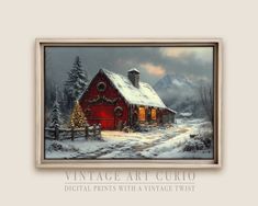 a painting of a red barn in the snow with christmas lights on it's roof