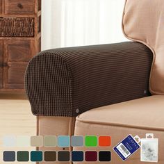 the back of a chair covered in a blanket with multiple color swatches on it