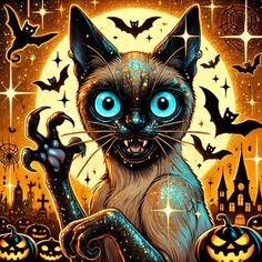 a painting of a cat with blue eyes and pumpkins in front of a full moon