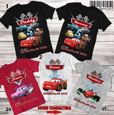 three t - shirts with cars on them and the number one for each child's birthday