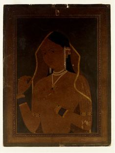 an old painting of a woman with jewelry on her neck and hands in her other hand